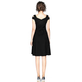 Women's Polyester Solid V Neck Cap Sleeve off Shoulder Dress (Black)